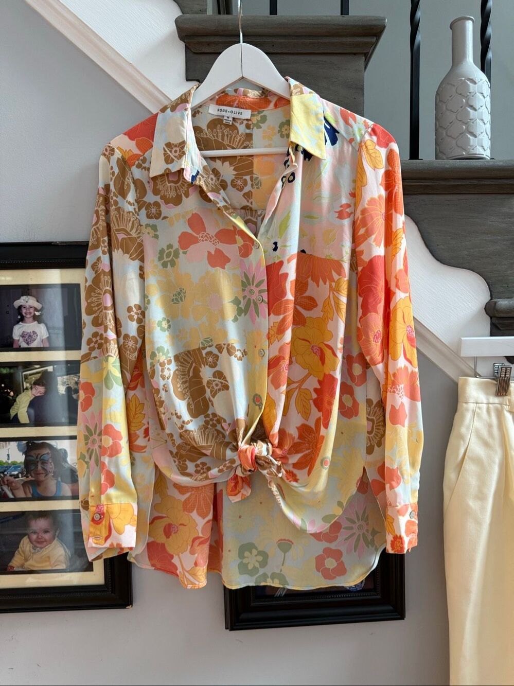 Rose & Olive Orange & Yellow Floral Print Loose Button Down Shirt sz M EUC